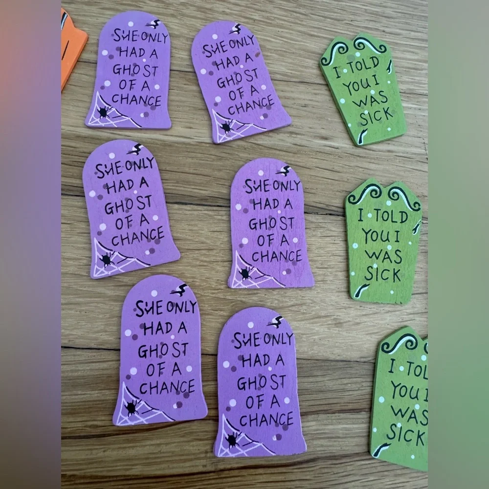 Set of 16 Halloween Wood Purple Green Orange Tombstone RIP Craft Decor Picks
